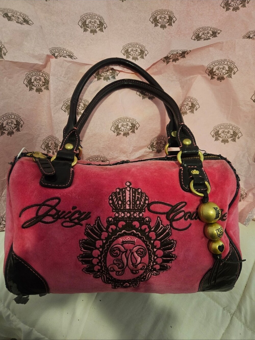 Rare Juicy Couture Y2K Dollish Hot Pink Velour Satchel with Gold Brass Charm